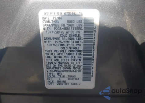 2005 Nissan Murano Sl/Se/S из США, поврежденный, VIN JN8AZ08W85W414798